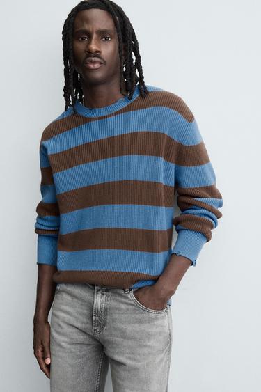 PULL EN MAILLE PERLÉE RAYURES - Bleu de Zara - Image 6