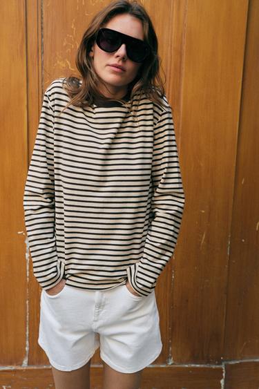 Zara STRIPED LONG SLEEVE T-SHIRT - Brown Stripes