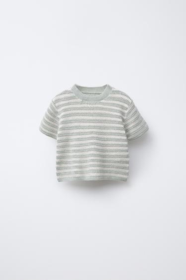 Zara STRIPED SHORT SLEEVE KNIT SWEATER - Ecru