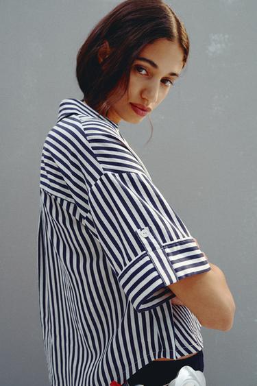Zara LINEN BLEND CROPPED SHIRT - Blue / White