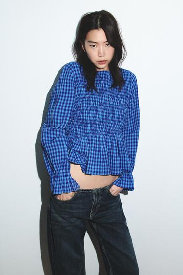Zara ELASTIC GINGHAM SHIRT - Blue / Indigo