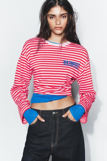 Zara STRIPED TEXT T-SHIRT - Pink