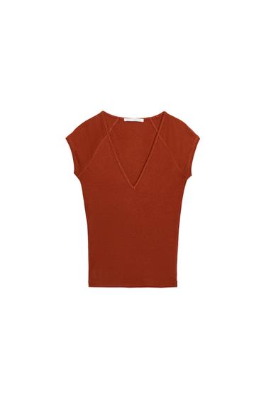 V-NECK T-SHIRT - Red / Orange by Zara