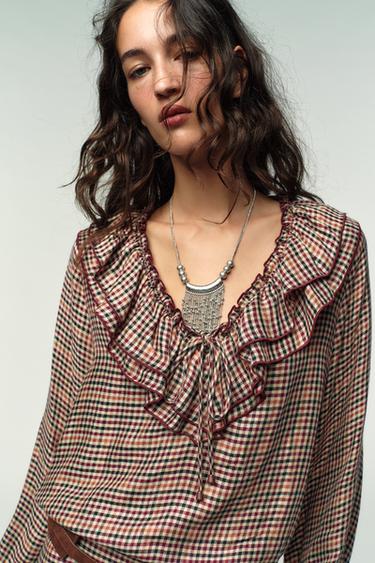 BLOUSE À CARREAUX ET VOLANTS - Marron / Écru de Zara - Image 3