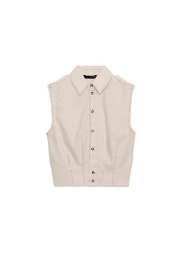 ТОП ИЗ ЛЬНА С КОНТРАСТНОЙ СТРОЧКОЙ — СВЕТЛО-БЕЖЕВЫЙ от Zara