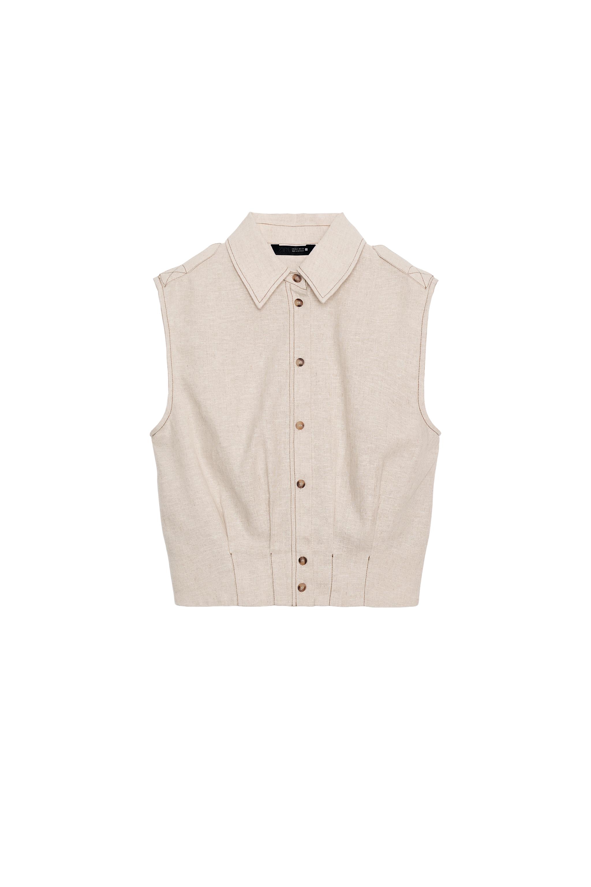 LINEN TOP WITH TOPSTITCHING