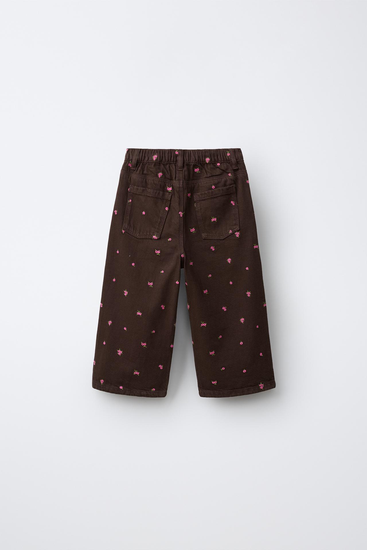 EMBROIDERED FLORAL TWILL CULOTTES — Brown