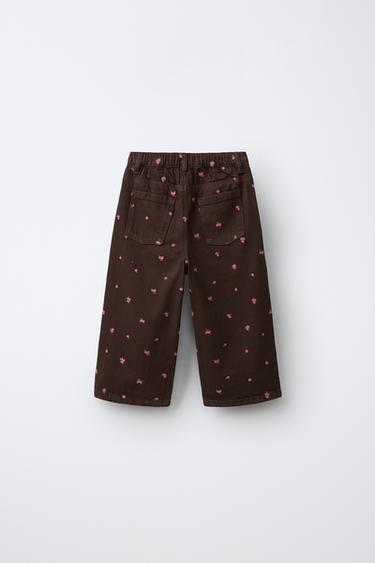 EMBROIDERED FLORAL TWILL CULOTTES — Brown 2