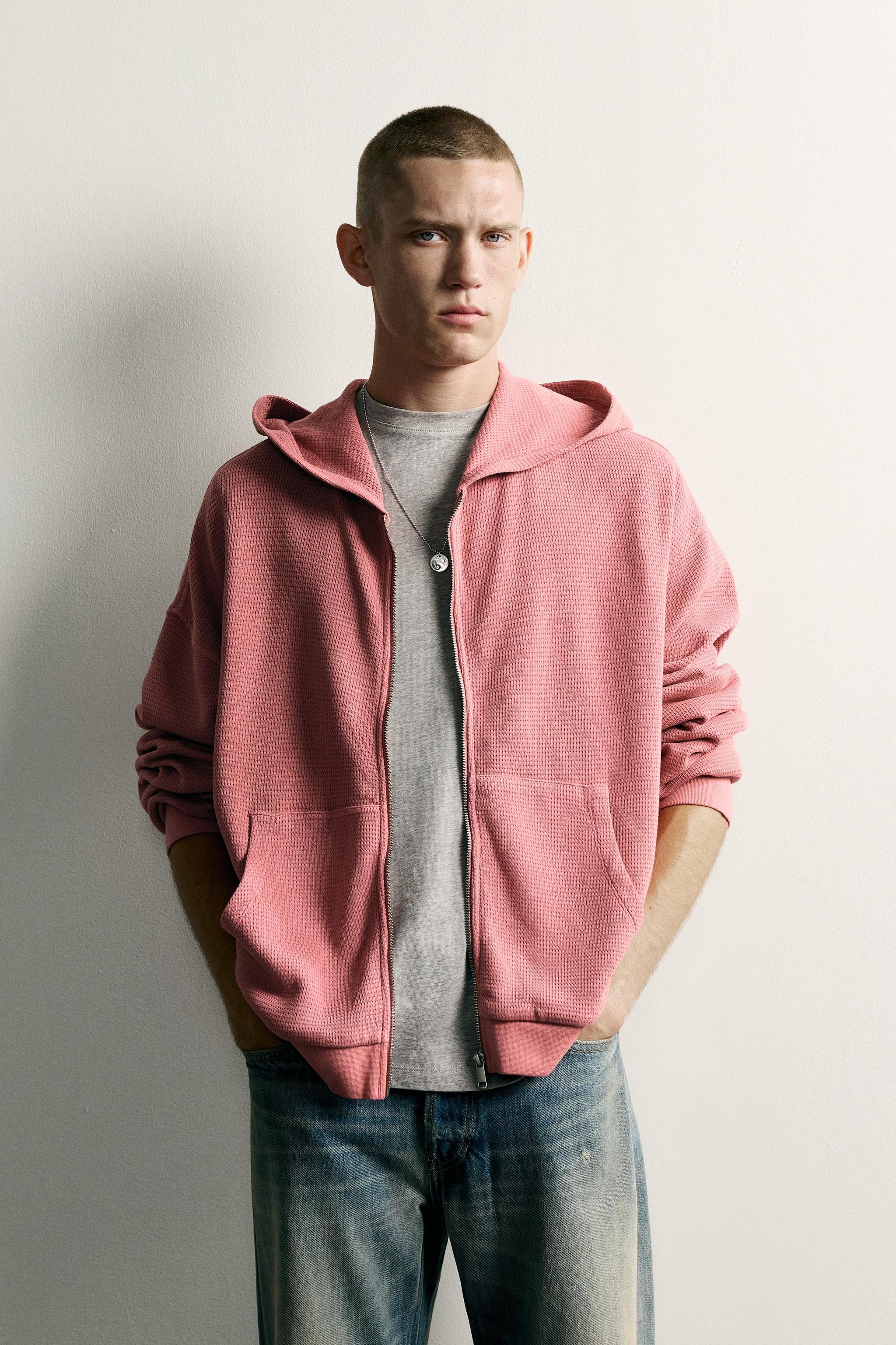 WAFFLE TEXTURE HOODIE TRACK SWEATSHIRT — Pink