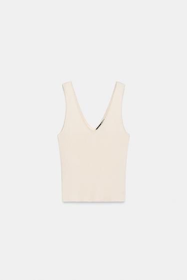 RIB TOP WITH LACE TRIM - Cream by Zara