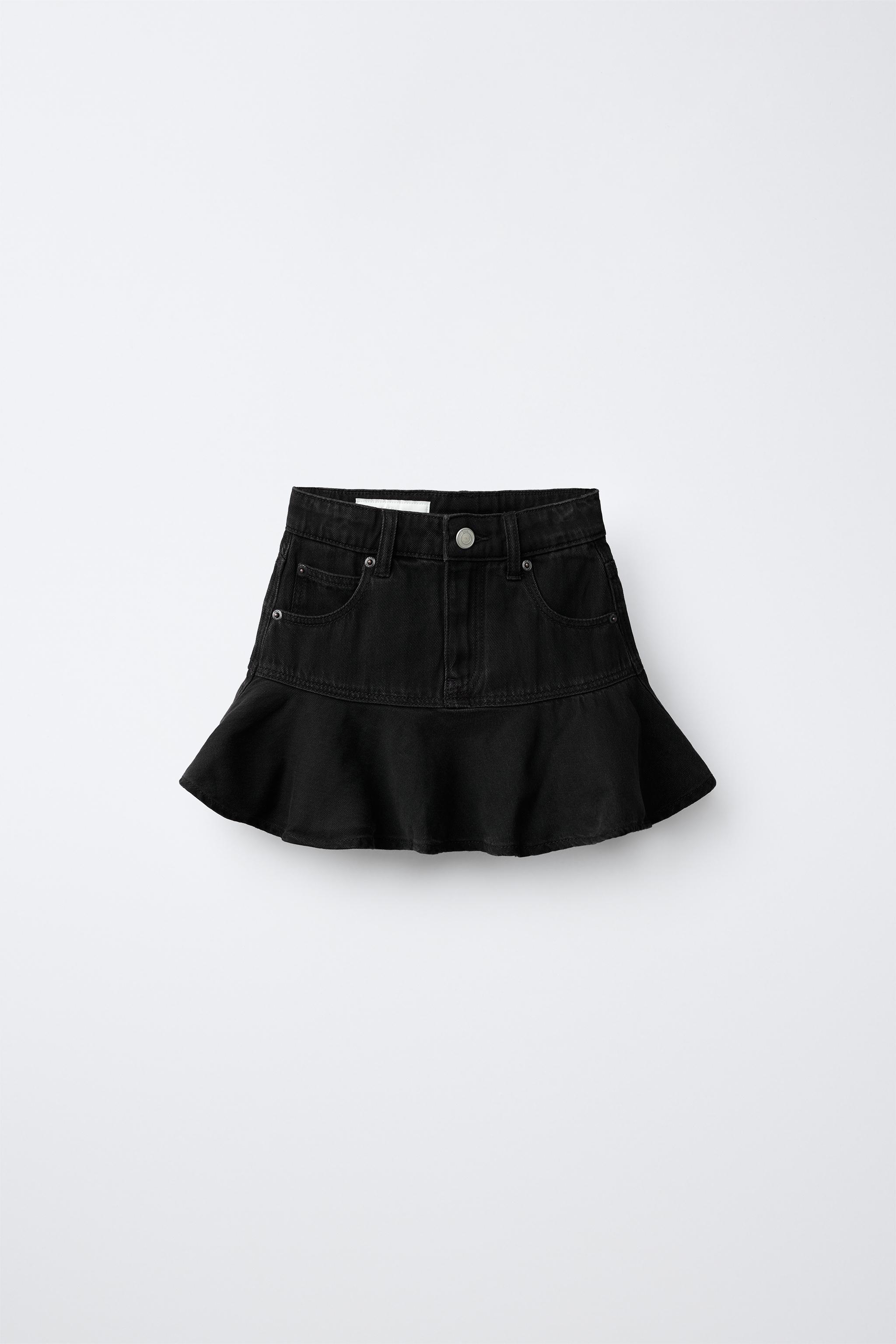 RUFFLED DENIM SKIRT — Black