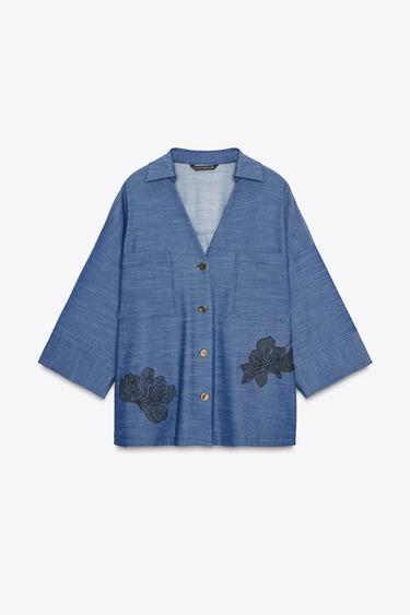 Zara FLORAL KIMONO SHIRT - Blue