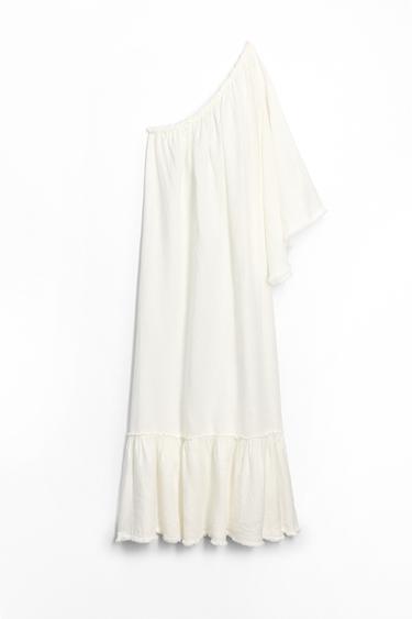 Zara ZW COLLECTION 100% LINEN ASYMMETRIC DRESS - Oyster-white