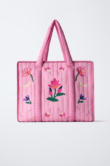 EMBROIDERED FLORAL TOTE BAG - Pink by Zara