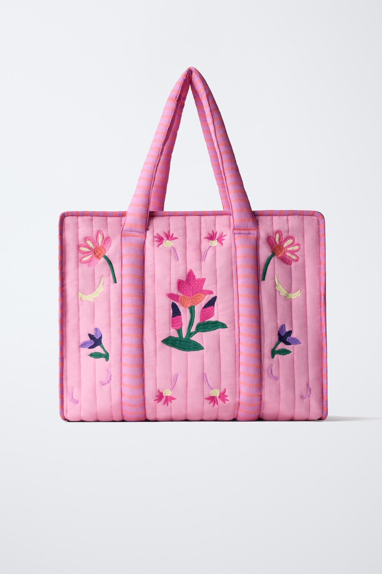 EMBROIDERED FLORAL SHOPPER — Pink