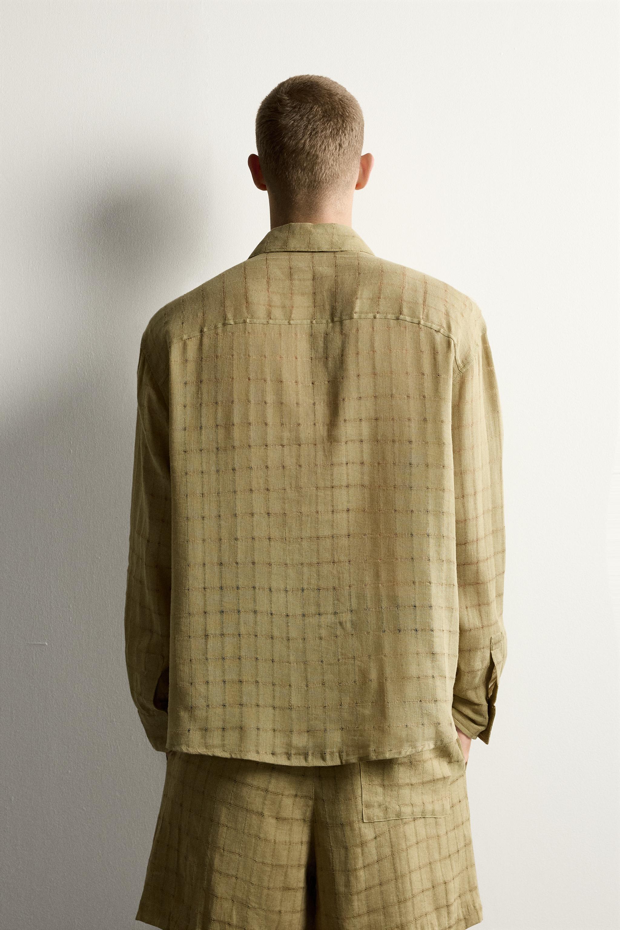 RELAXED FIT CHECKERED LINEN-COTTON JACQUARD SHIRT