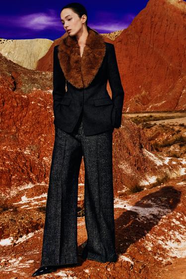 Zara 合身人造皮草領西裝外套 ZW COLLECTION - 斑紋灰色