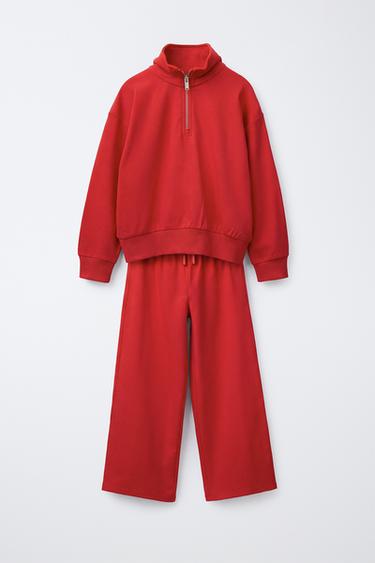 ZIP-UP SWEATSHIRT AND WIDE-LEG PANTS SET — Red 1