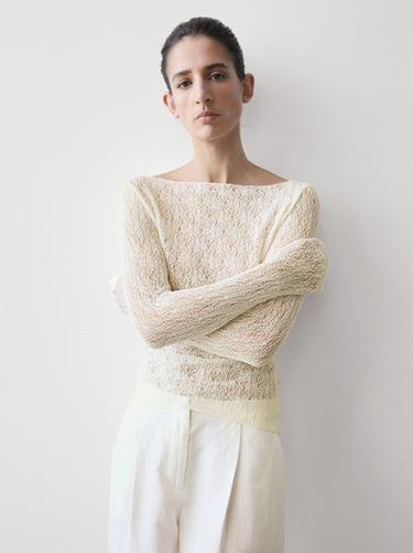 Zara Boat neck T-shirt with lace detail - Ecru