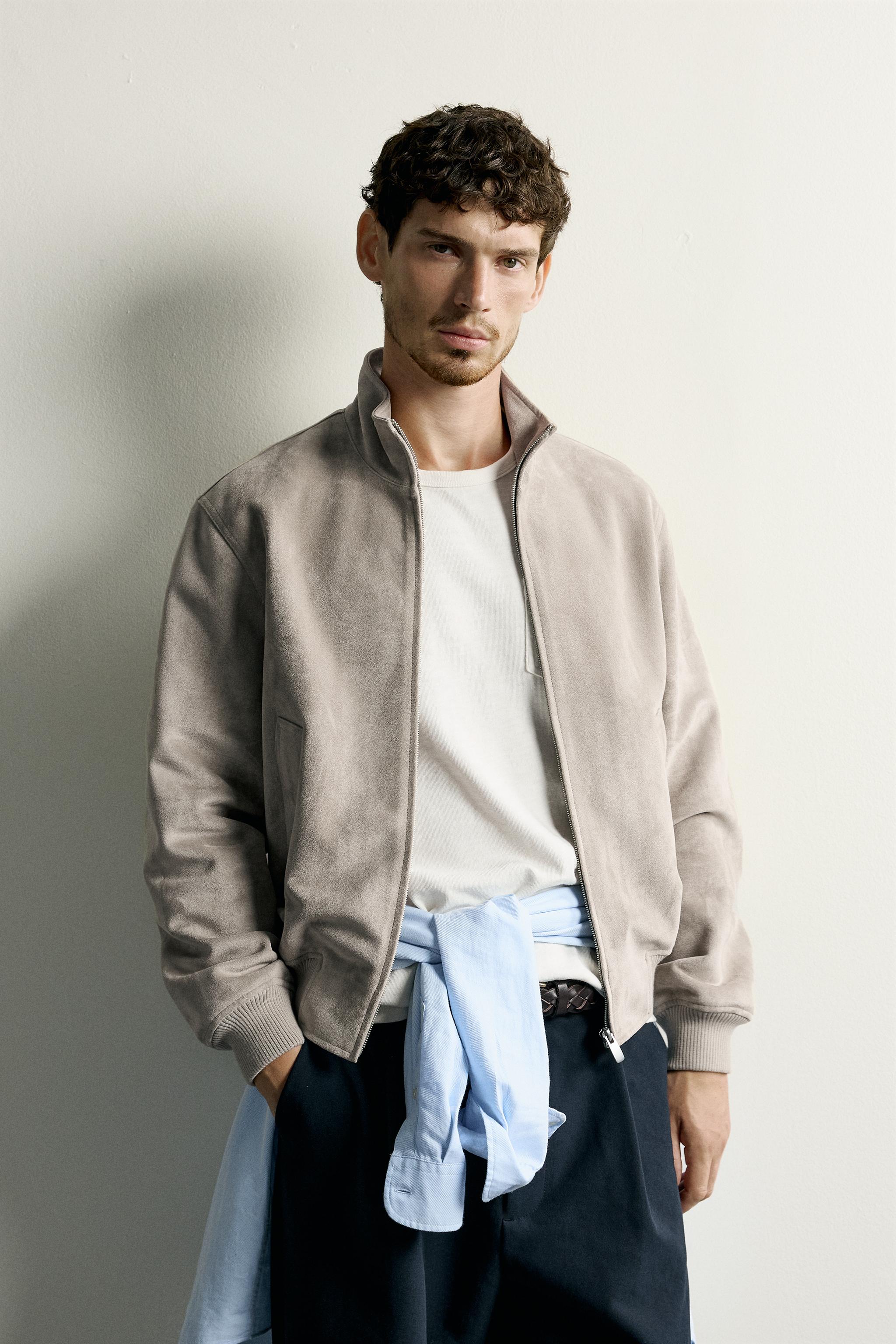 REGULAR FIT FAUX SUEDE JACKET — Light gray