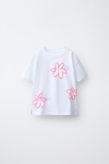 CAMISETA ESTAMPADA FLORES RELIEVE - Blanco de Zara - Imagen 0