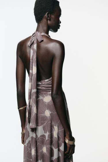 CUT-OUT PRINTED TULLE LONG DRESS - Taupe grey by Zara - Image 4