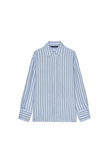 Front view of a blue striped shirt with a classic collar and long sleeves.