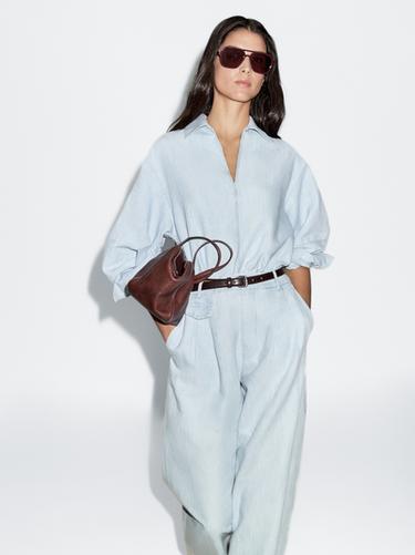 Zara Oversize denim blouse with puff sleeves - Light blue