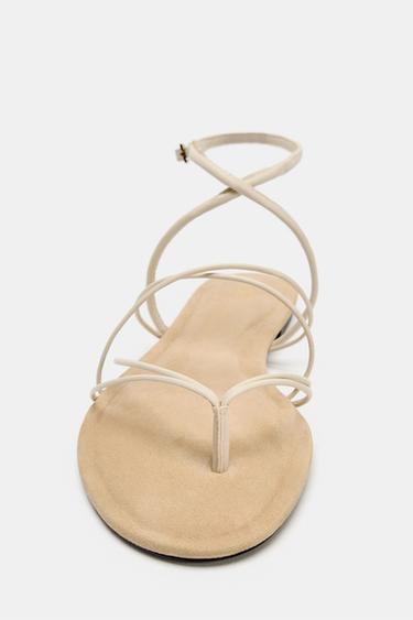 FLAT LEATHER STRAPPY SANDALS - Ecru White by Zara - Image 4