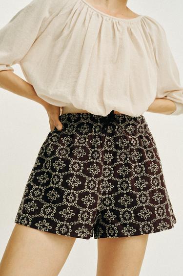 EMBROIDERED DIE-CUT BERMUDA SHORTS - Brown / Ecru by Zara - Image 1