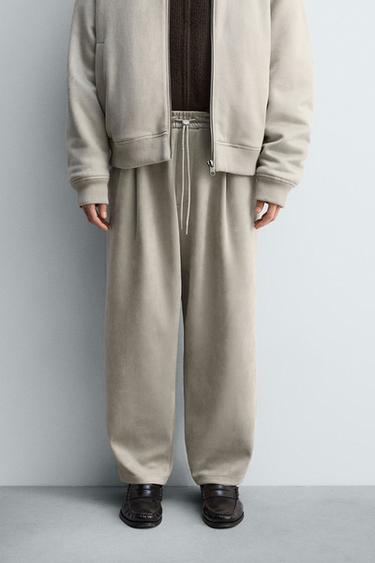 Zara 人造麂皮打褶長褲 - 淺灰色