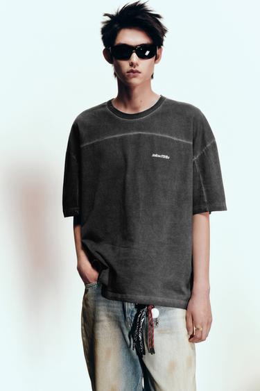 Zara 刷紋休閒版型 T 恤 - 深無煙煤色