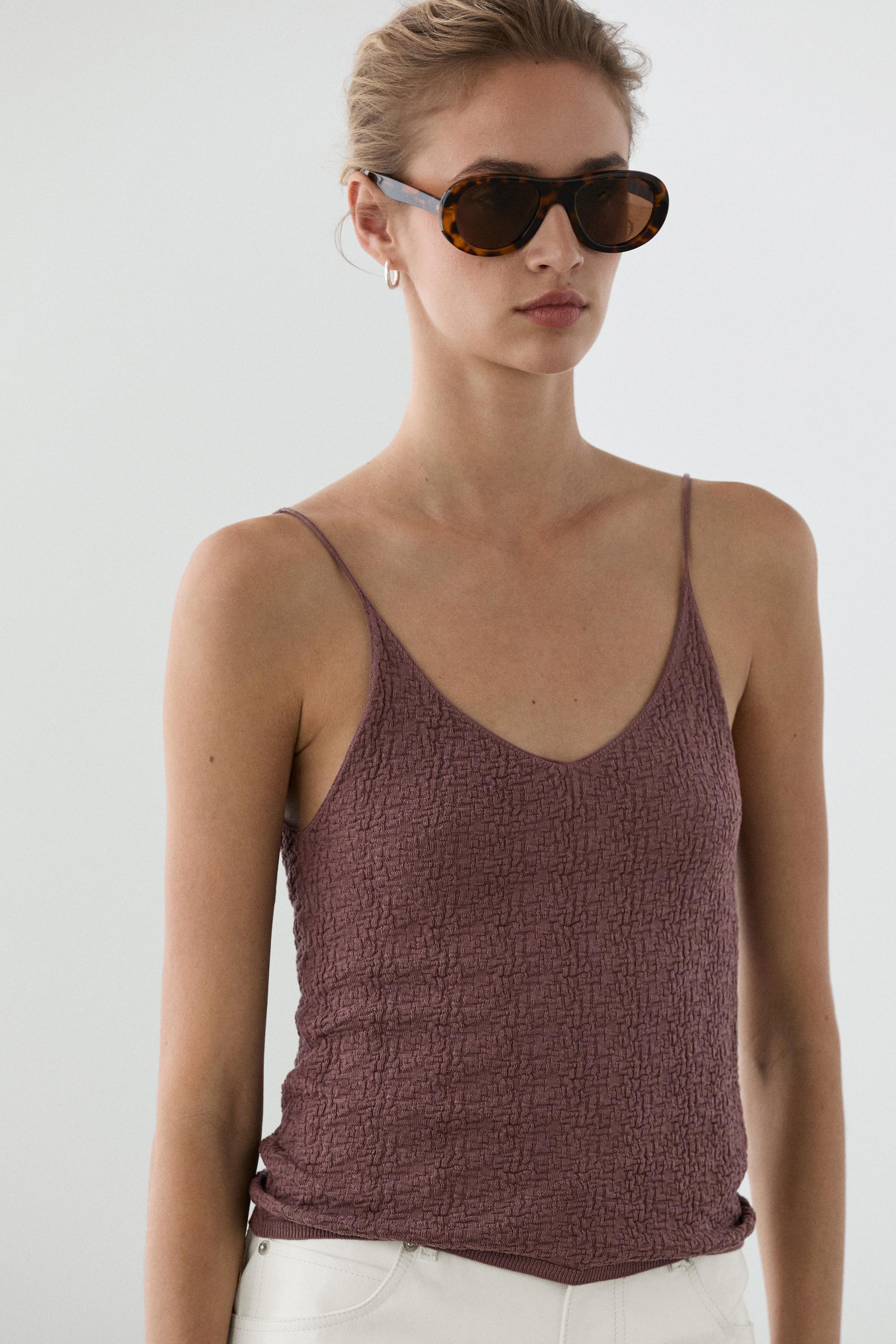 100% cotton textured strappy top — Pink marl