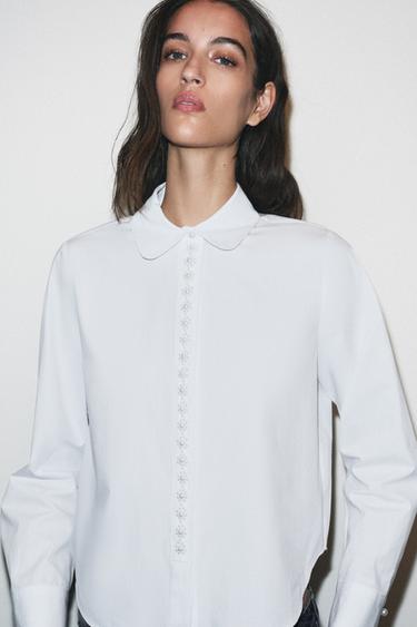 POPLIN SHIRT WITH FAUX PEARLS - White by Zara - Image 2
