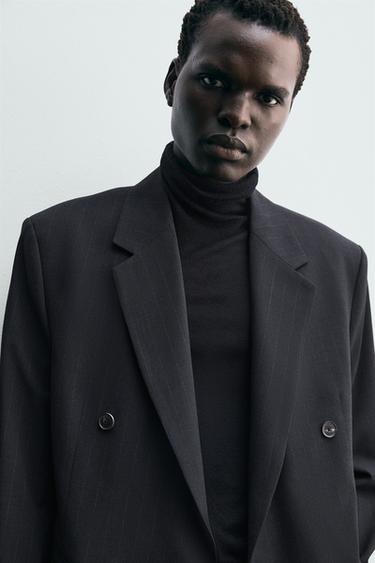 Zara DOUBLE BREASTED PINSTRIPE SUIT BLAZER - Dark navy