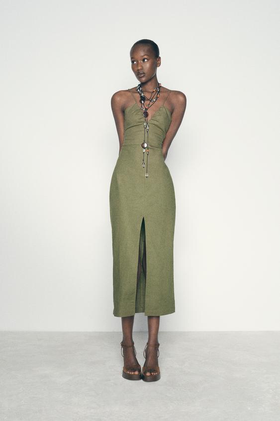 Green Dress Vestido Cut Out Zara Lino Orange Linen Dress Zara Woman Long Dress  Zara Green