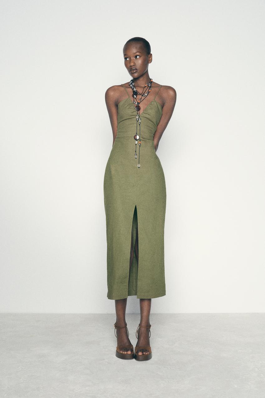 LINEN BLEND CORSET MIDI DRESS - Khaki | ZARA United States 