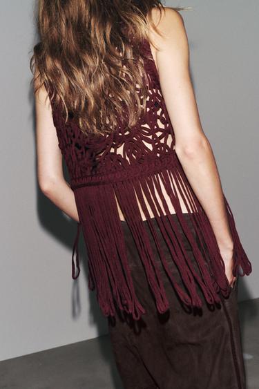 FRINGED MACRAMÉ WAISTCOAT - Aubergine by Zara - Image 4