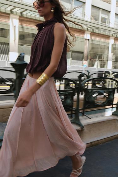 Zara SEMI-SHEER TOPSTITCHED MIDI SKIRT - Pastel pink