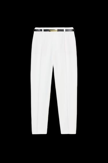 Zara STRAIGHT LEG BELTED PANTS - Ecru - Image 0
