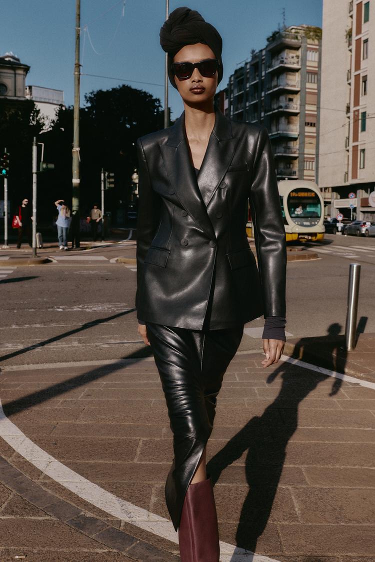 FAUX LEATHER DOUBLE-BREASTED BLAZER