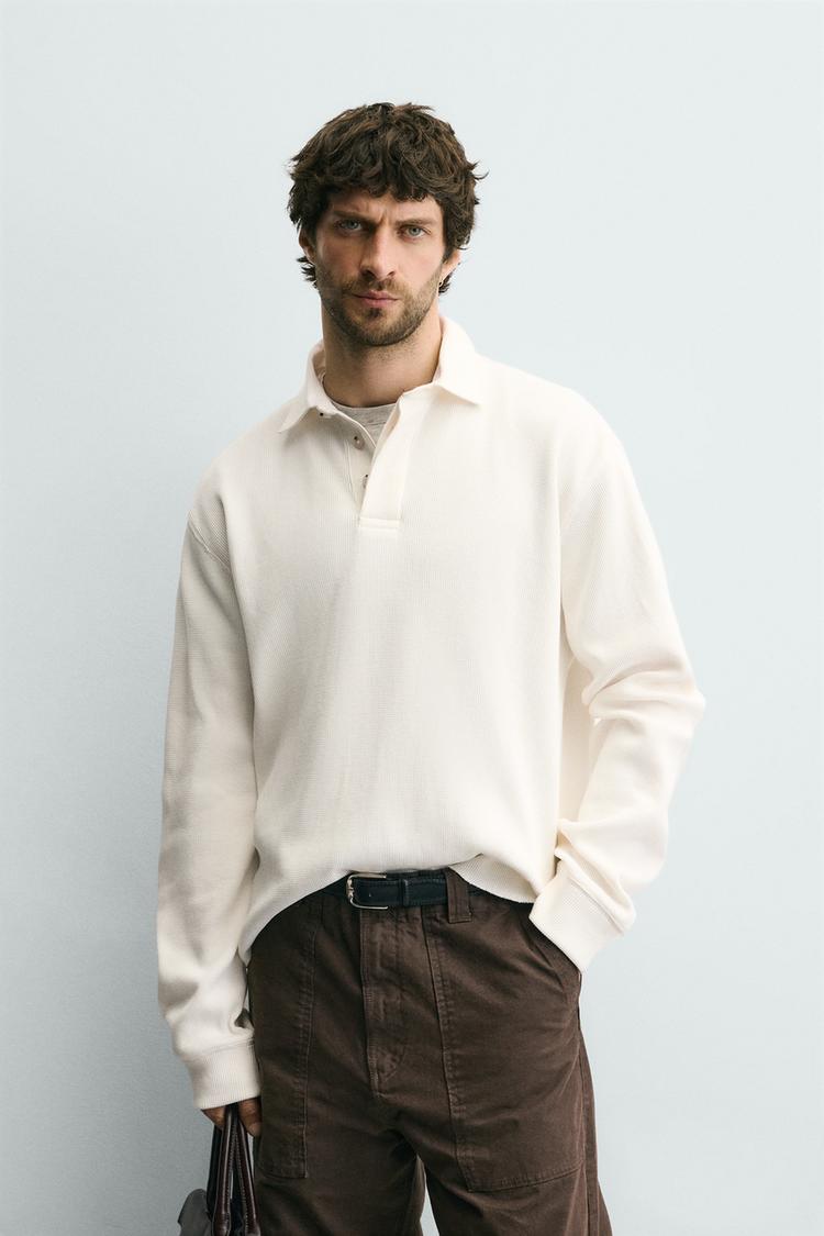 ZARA CONTRAST WAFFLE-KNIT RUGBY POLO SHIRT