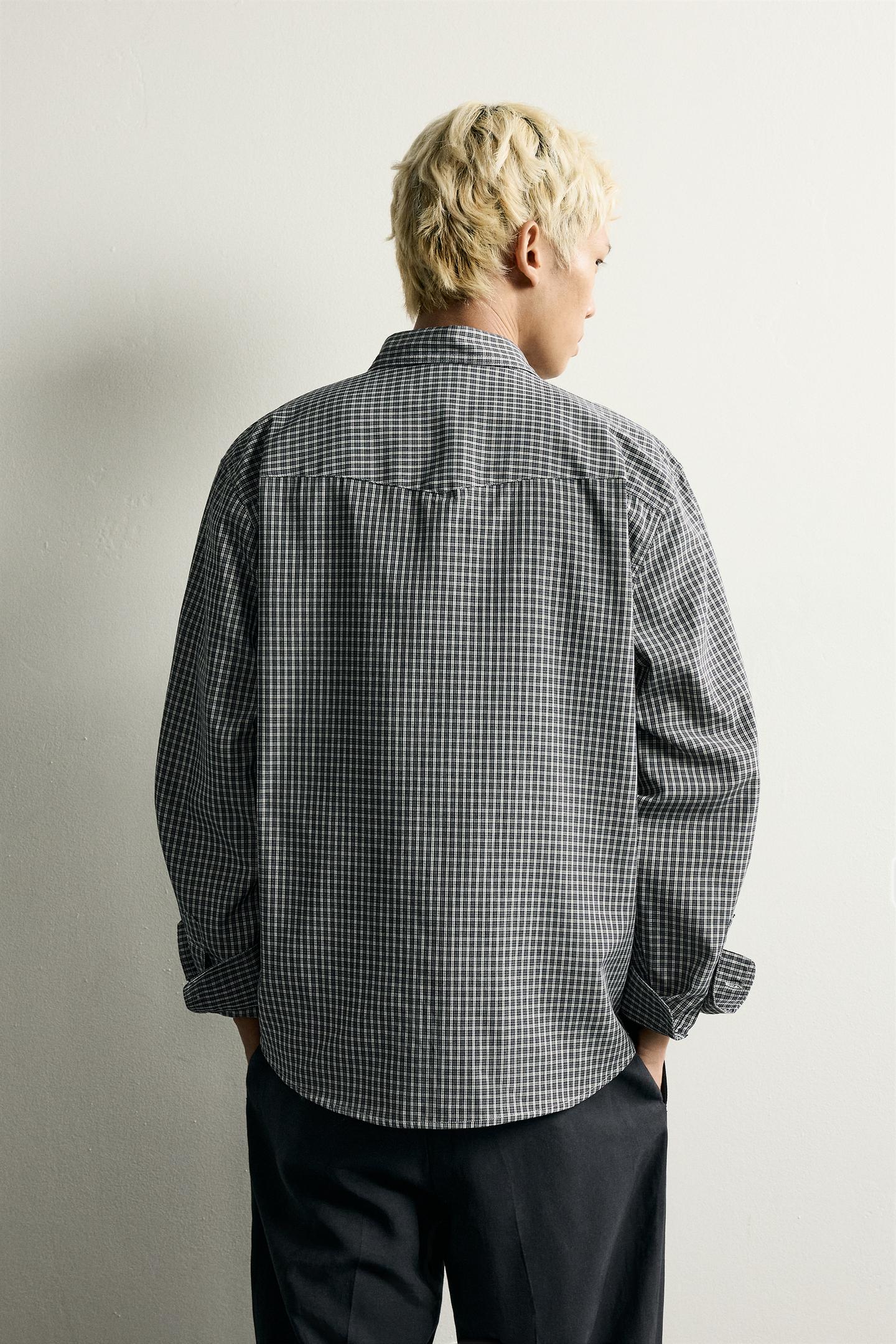 Мужская рубашка Zara Relaxed Fit Plaid, цвет: Тёмно-синий / Белый — фото 3