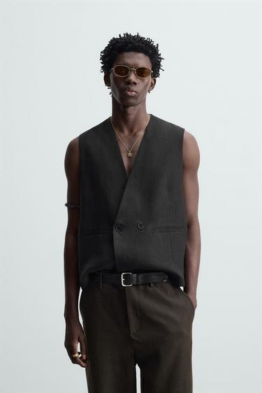 CHALECO CRUZADO 100% LINO - Negro de Zara