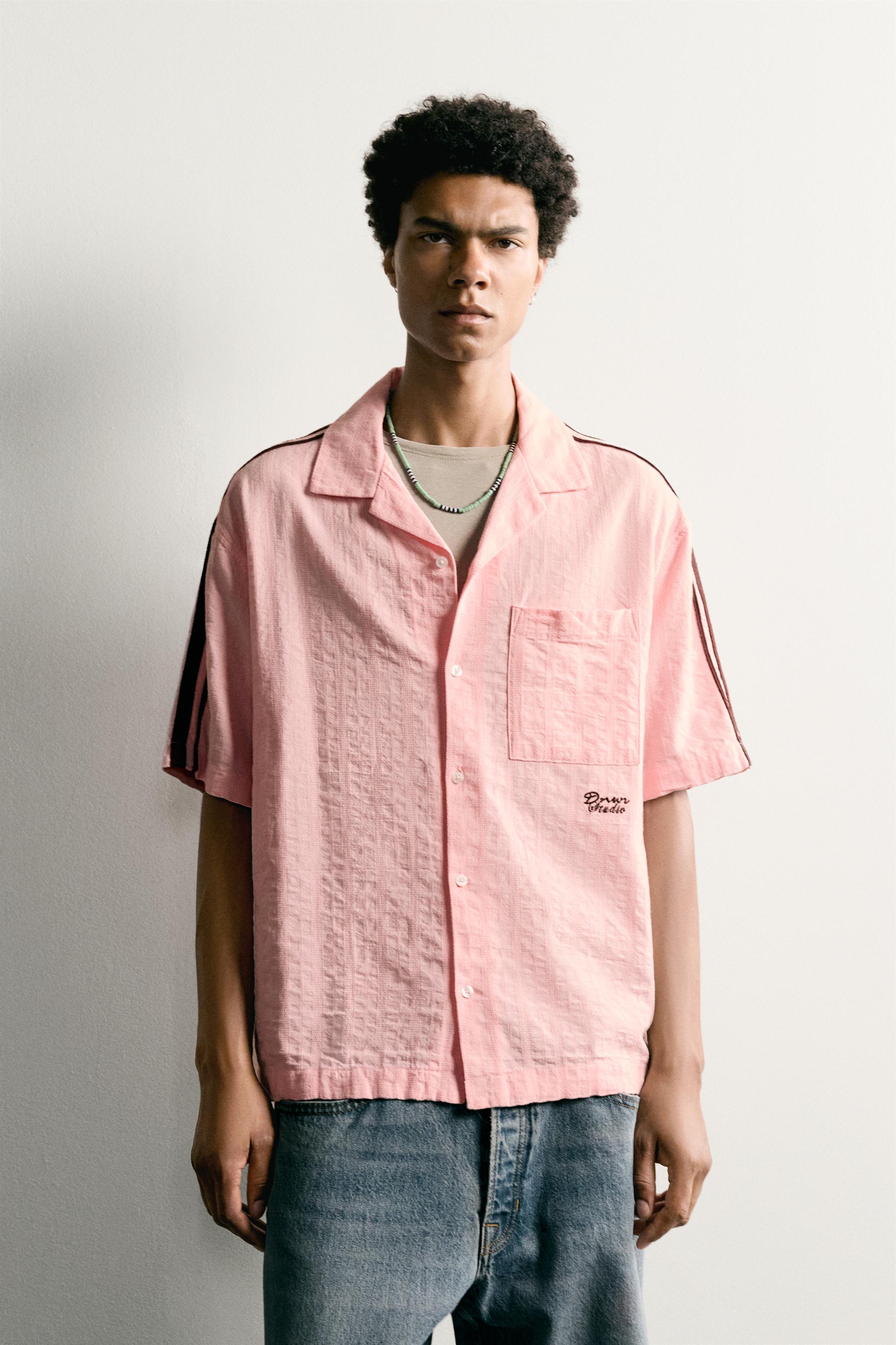 CONTRASTING EMBROIDERY STRIPE SHIRT — Pink