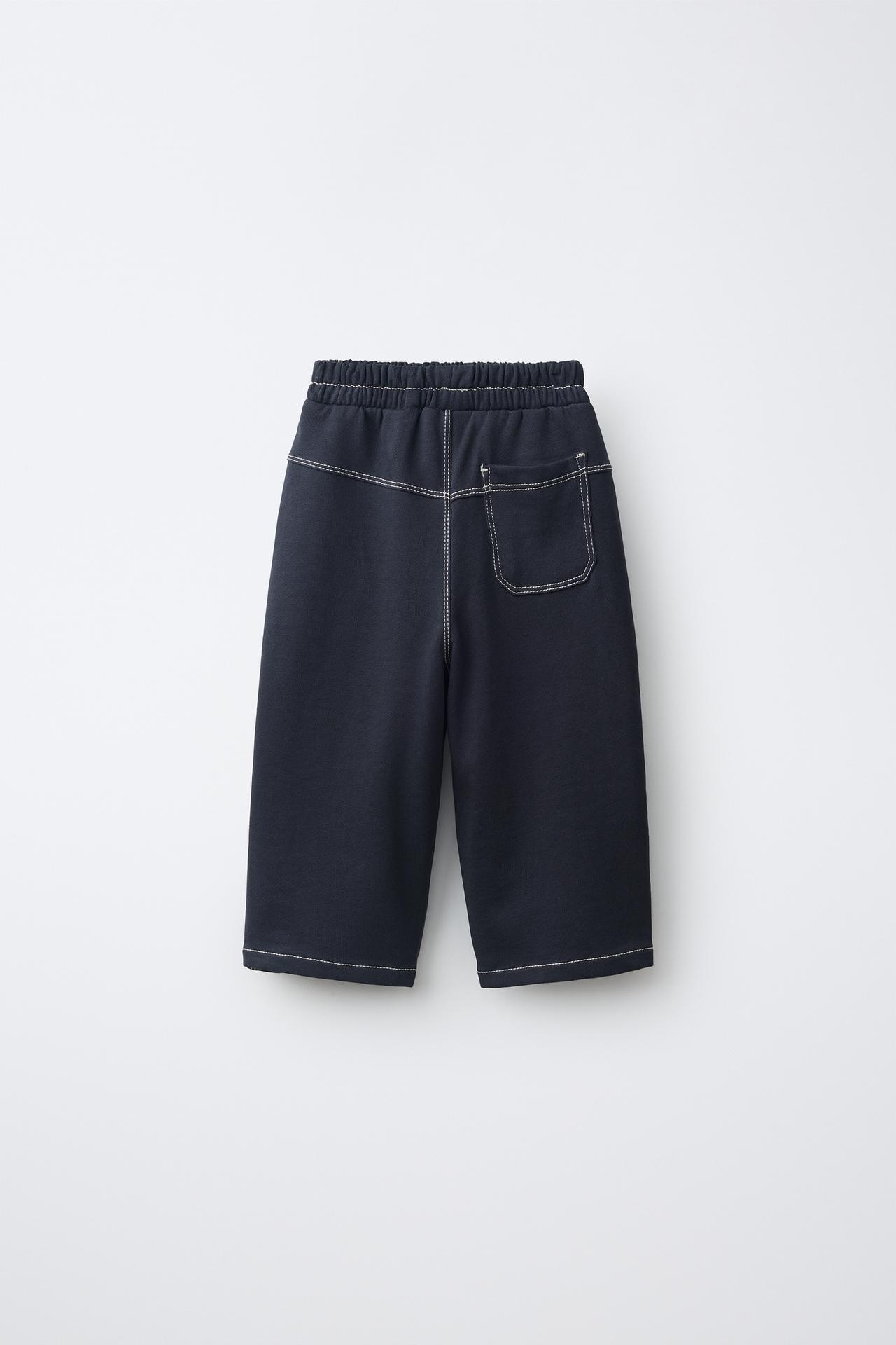 CONTRAST STITCHING FLEECE BAGGY PANTS — Black