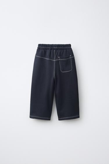 CONTRAST STITCHING FLEECE BAGGY PANTS — Black 2