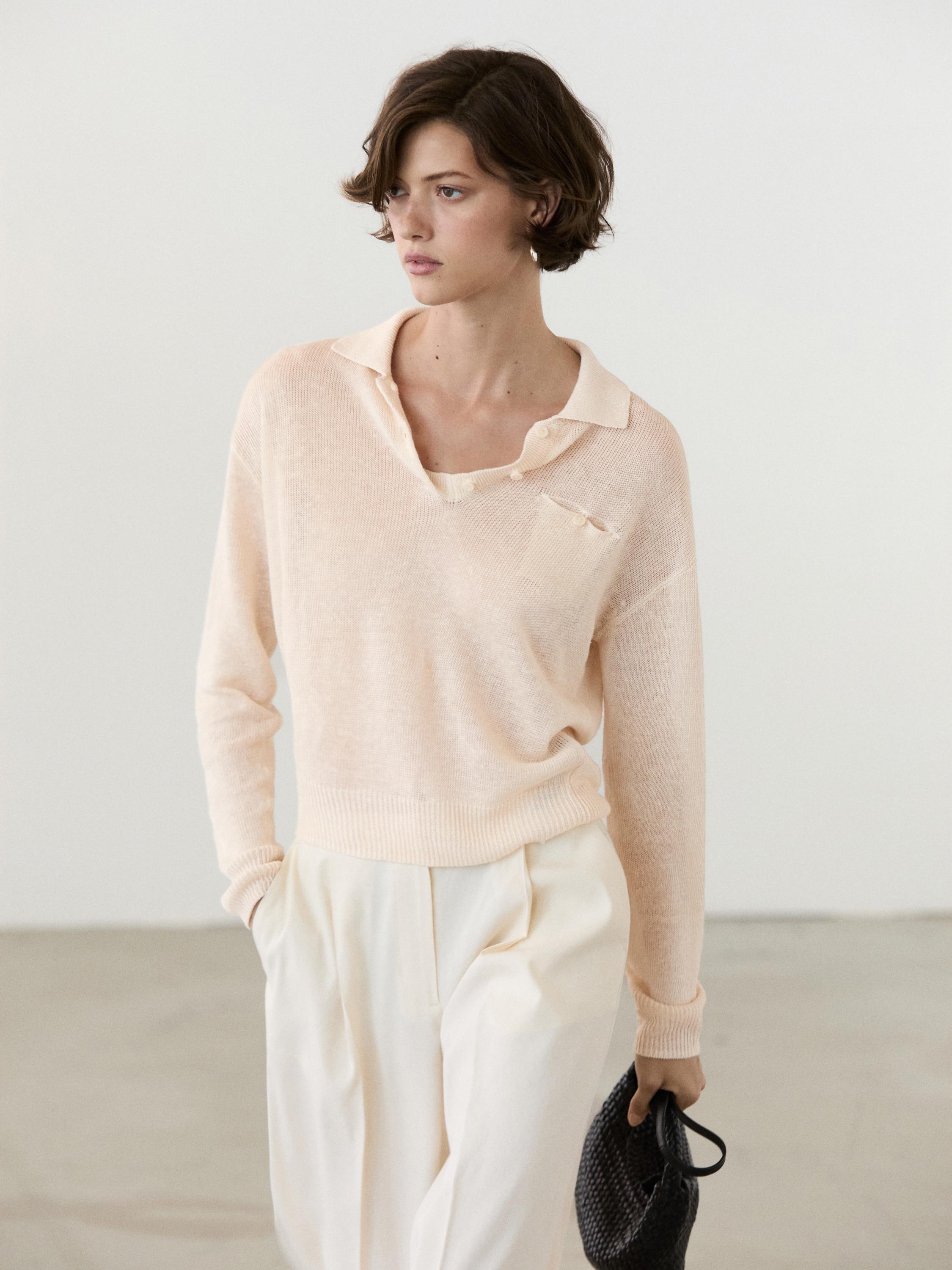 Fine linen polo collar sweater