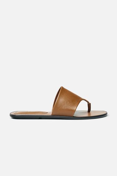 Zara FLAT LEATHER SANDALS - Brown