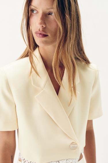 LACE TRIM CROPPED BLAZER - Yellow by Zara - Image 3